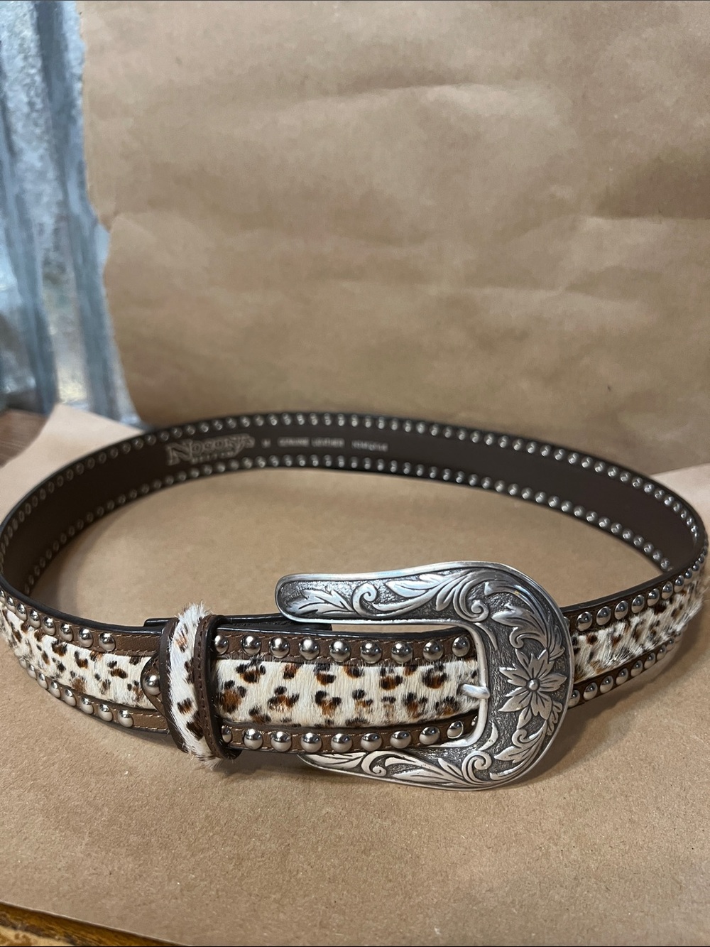 Nocona genuine leather calf hair leopard Print Studded western belt